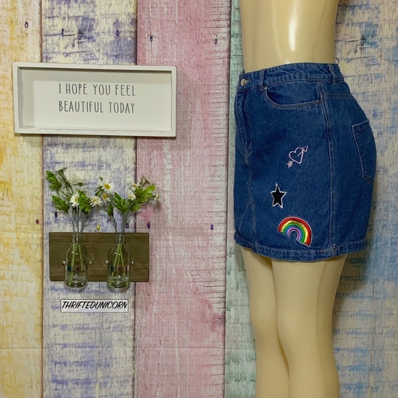 H&M PATCH DENIM HIGH WAISTED PENCIL JEAN SKIRT - Picture 3 of 6